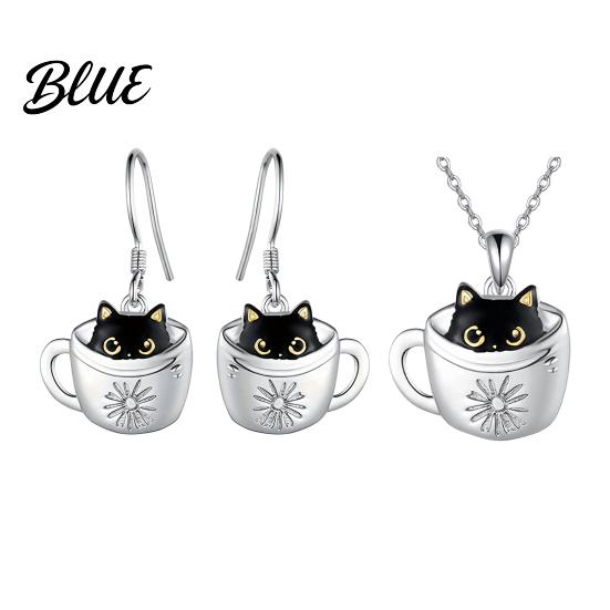 Animal Theme Jewelry Women Necklace Hook Earrings Black Cat In