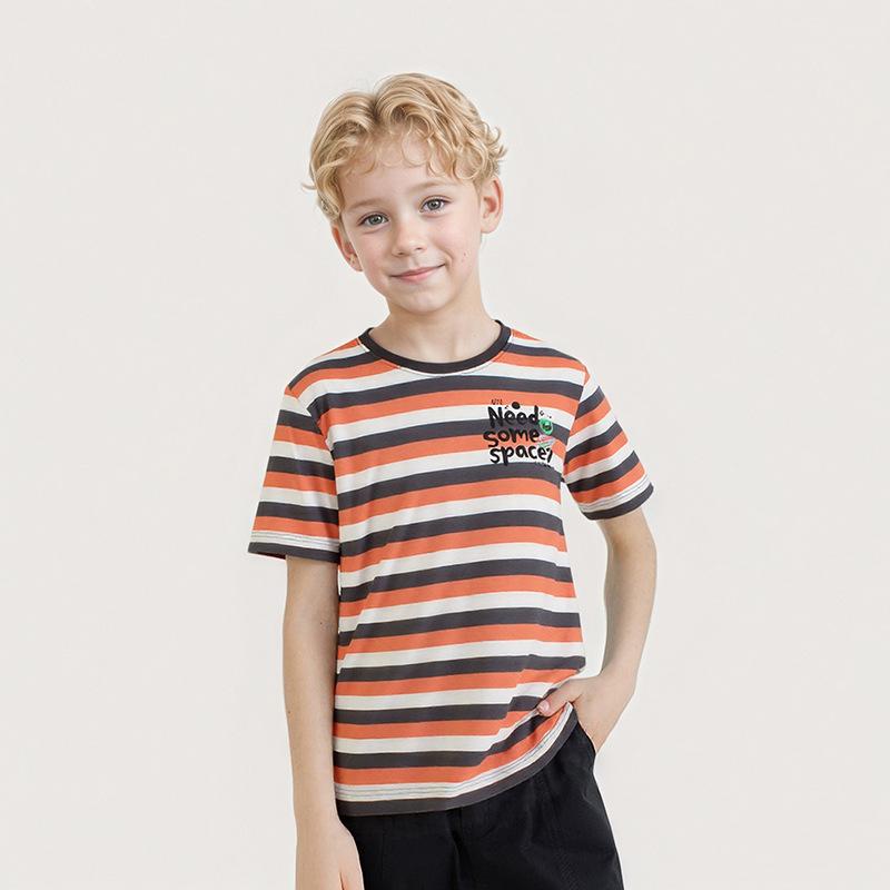 Kız Çocukları İçin Uyumlu Çizgili Kısa Kollu Tişört Çocuk Yazlık Nefes Alabilen Üst Yazılı