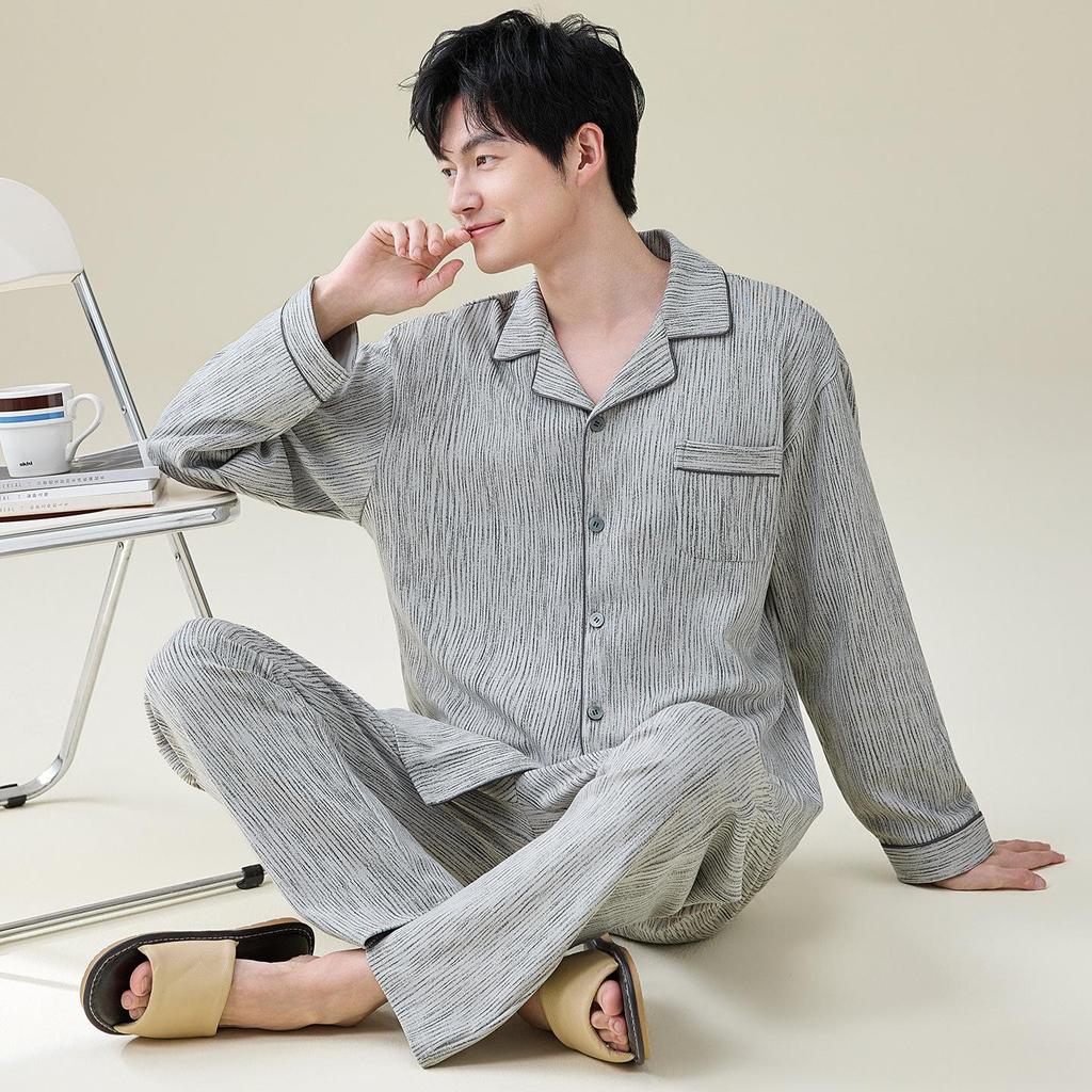 Men's 100% Cotton Striped Long Sleeve Pajamas - Trendy Korean Style for Spring