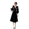 2024 French Hepburn Style Gold Velvet Peter Pan Collar Black Dress - New Spring Autumn Slim Waist Trend for Women.