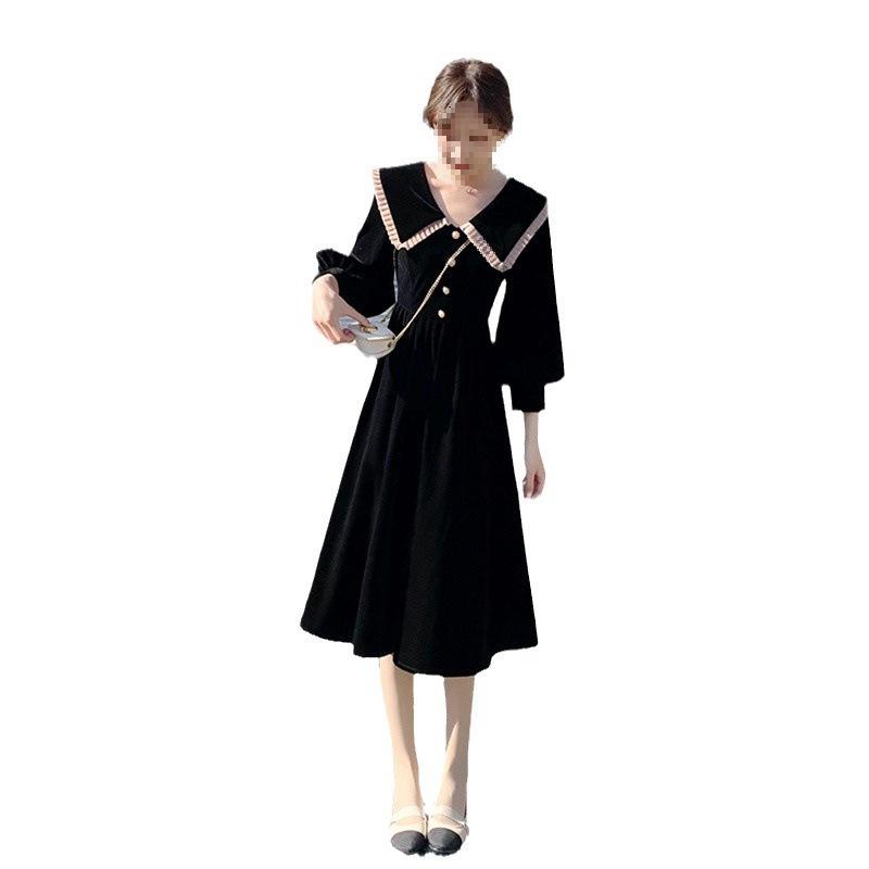 2024 French Hepburn Style Gold Velvet Peter Pan Collar Black Dress - New Spring Autumn Slim Waist Trend for Women.