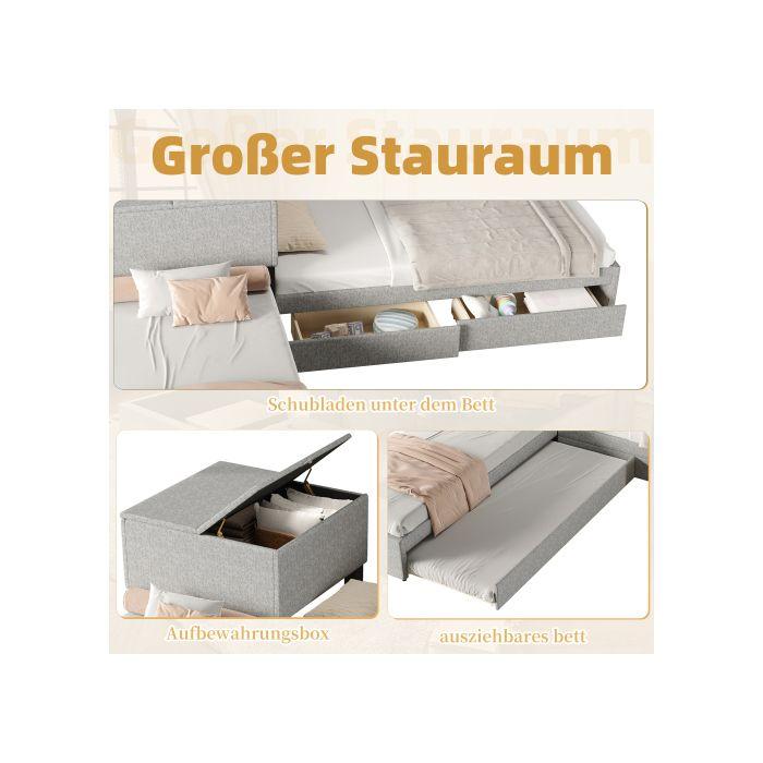 Lit d'angle, deux lits simples avec tiroirs de rangement, avec lit gigogne, 90x200 cm, sans matelas, lin, gris