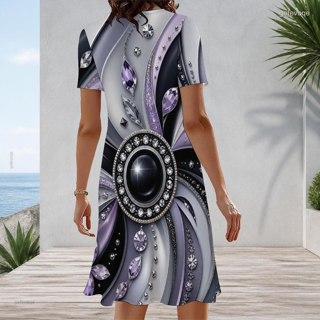 Women Plus Size Round Neck Short Sleeve Black Multicolor Printed A Line Flared Midi Dress