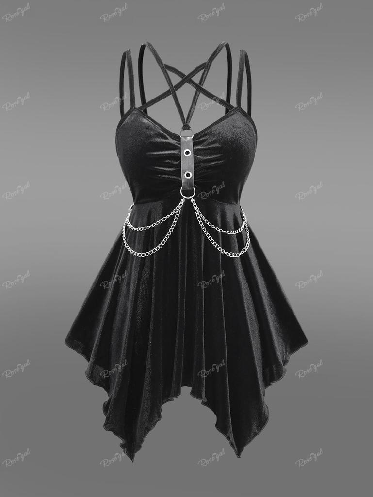 Rosegal Gothic PU-Riemen Ösen Lagenkette Überkreuzte Riemchen Asymmetrisches Taschentuch Samt Rückenfreies Cami Top