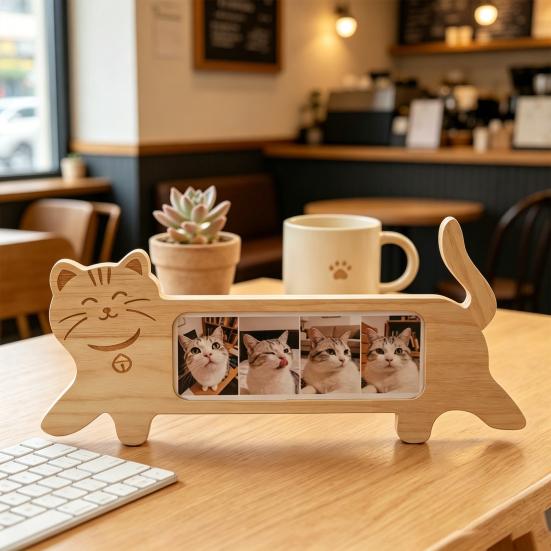 Yousheng Wooden Cat Shape Photo Frame, Rustic Pet Photo Display Frame with Rotatable Tail, Home Office Decorative Picture Holder for 2-inch