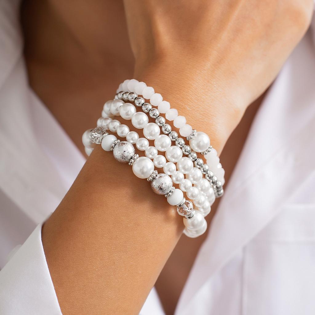 Boho Sweet Imitation Pearl Mixed Round Pearl Bracelet Women's Multi layer Elastic Thread Girls' Jewelry