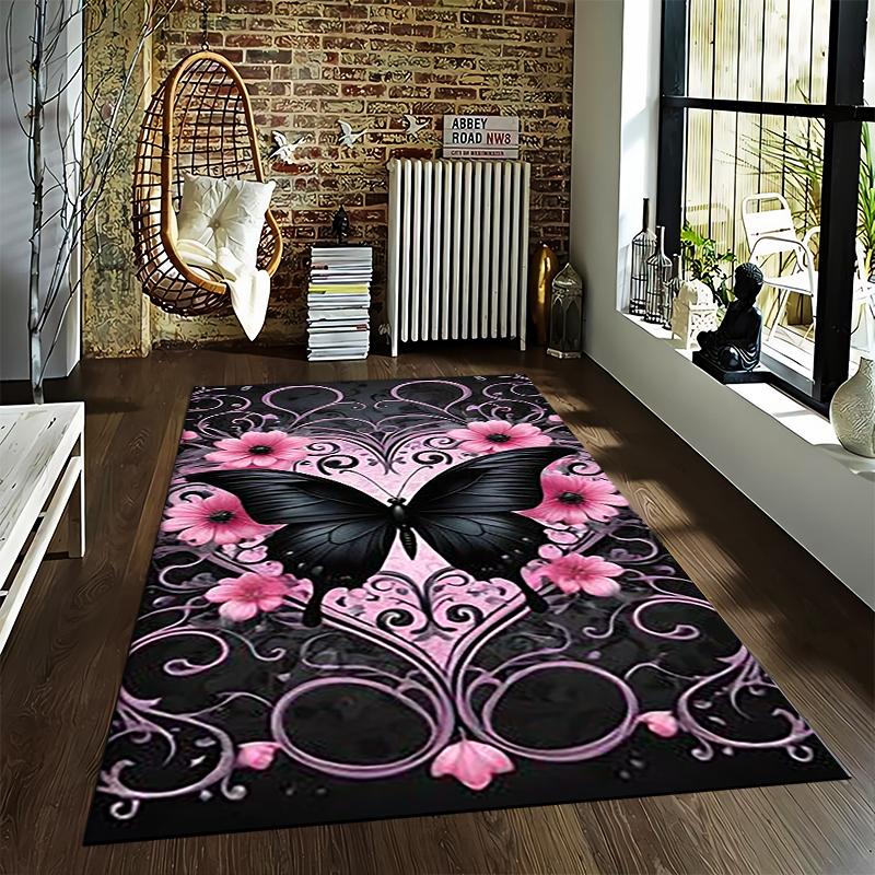 Black Butterfly with Pink Flowers and Heart Pattern Carpet Design Suitable for use as an anti-slip for living room bedroom sofas
