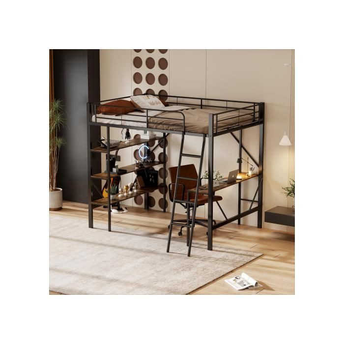 Lit mezzanine - MUVOE - 90x200 cm - Métal noir - Bureau intégré - 3 étagères