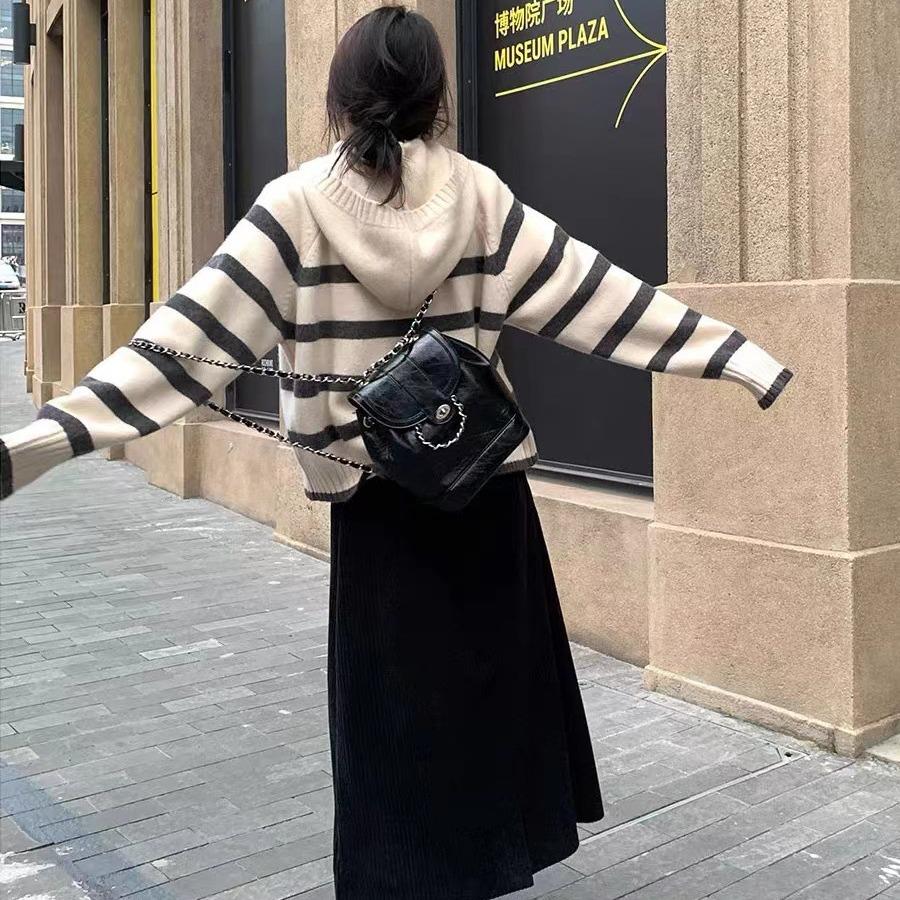 Korean Style Women's Hooded Sweater: Loose, Lazy, Soft Striped Knitwear - Academic, Fashionable Outerwear for Autumn & Winter