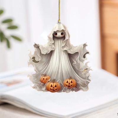 Yousheng Halloween Ghost Car Pendant 2D Flat Ghost with Pumpkin Acrylic Car Rearview Mirror Charm for Auto Interior Hanging Accessories