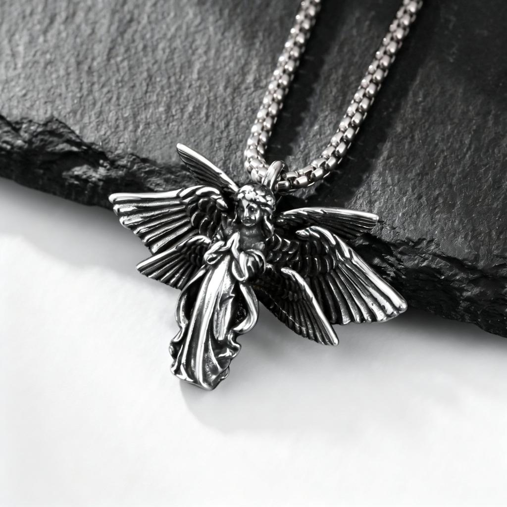 Punk Six Winged Angel Necklace for Men,High Quality Stainless Steel 3D Angle Pendant Necklace,Vintage Streetwear Jewelry Gift