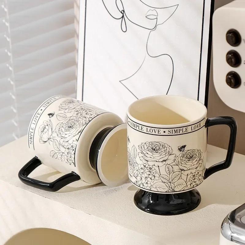 1pc 430mL Vintage Ceramic Mug with Spoon Rose Garden Coffee Tea Fruit Juice Milk Tall Cup Present Office Home Drinking Utensils