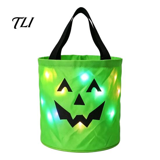 Toddler Halloween Candy Holders Glowing Pumpkin Bag LED Light Up Trick or Treat Bucket Fabric Gift Packaging for Kids Reusable Waterproof Oxford Tote
