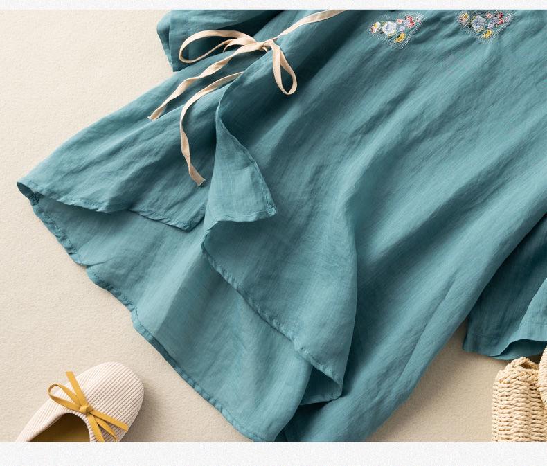 2024 Women's Cotton-Linen Embroidered Short Sleeve Shirt with Oblique Collar