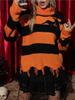 Halloween Bat Embroidered High Neck Sweater Loose Retro Contrast Striped Knitted Shirt for Women