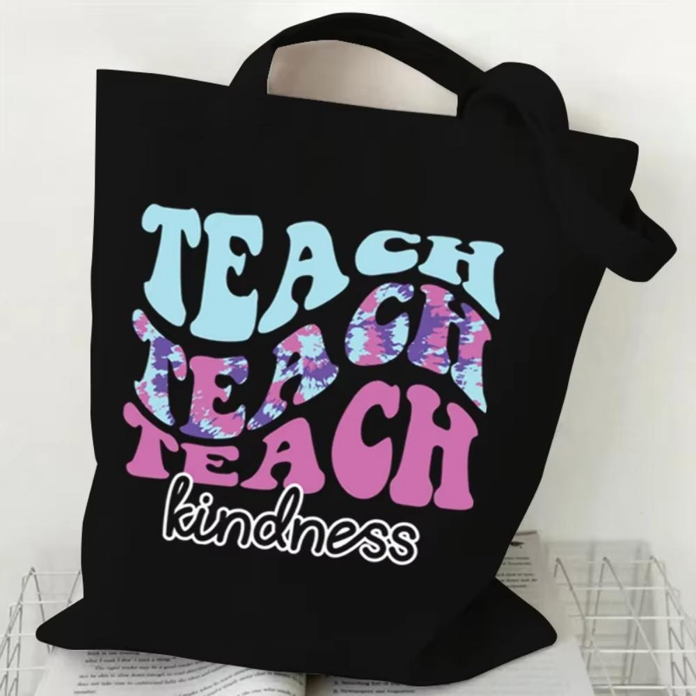 Teacher's Day Gift Teacher Print Canvas Tote Bag Women Handbag Colored Letters Teacher Canvas Tote Bag Floral Shoulder Bag
