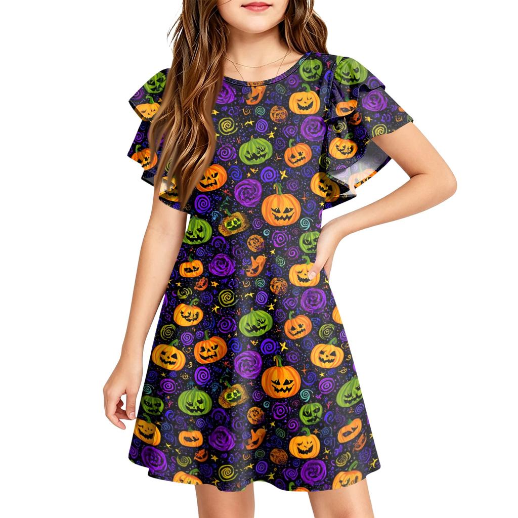 Children's ruffled sleeve dress with round neckline, A-line style, casual Halloween print dress