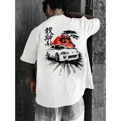 Men's Japanese Japanese Sunset Car Design T-Shirt - White Casual Round Neck Tee with Japanese Automotive Print, Machine Washable, Year-Round Wear for