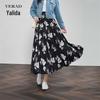 YERAD Women's Retro Camellia High-Waist A-Line Midi Skirt