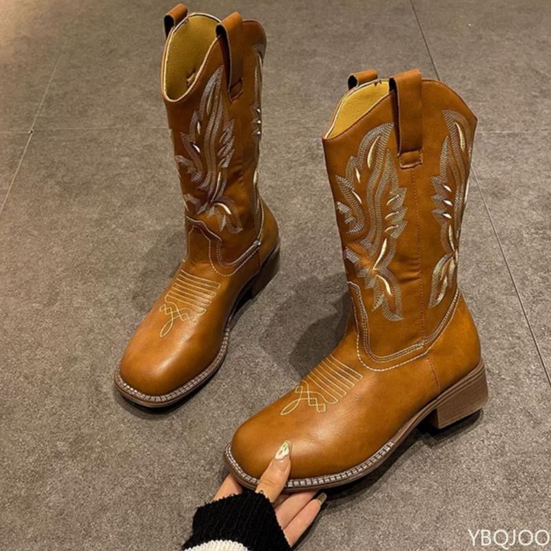 Fashion Versatile Retro Spring Summer Coarse Heel Embroidered Mid Barrel Square Head Boots Large Size Simple Comfortable Versatile Boots