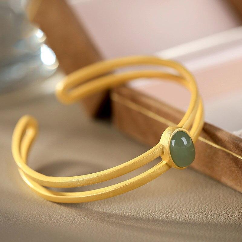 Original S925 Sterling Silver High -End Gold Plating Hetian Jade South Red Jasper High -End Gift For Women Open -End Bangle Bracele