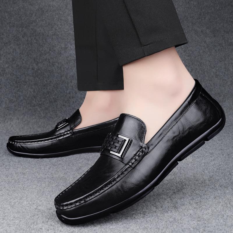Fashion Advanced Texture Lightweight Genuine Leather Men's Formal Leather Shoes Handmade Soft Comfortable Non-slip Casual Men Bean Shoes