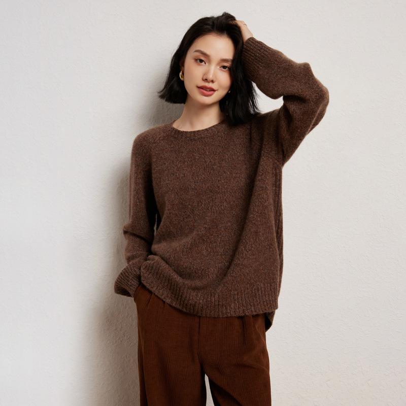 Women's Heavyweight Cashmere Sweater - Round Neck Marled Yarn Knit, Loose Long Sleeve