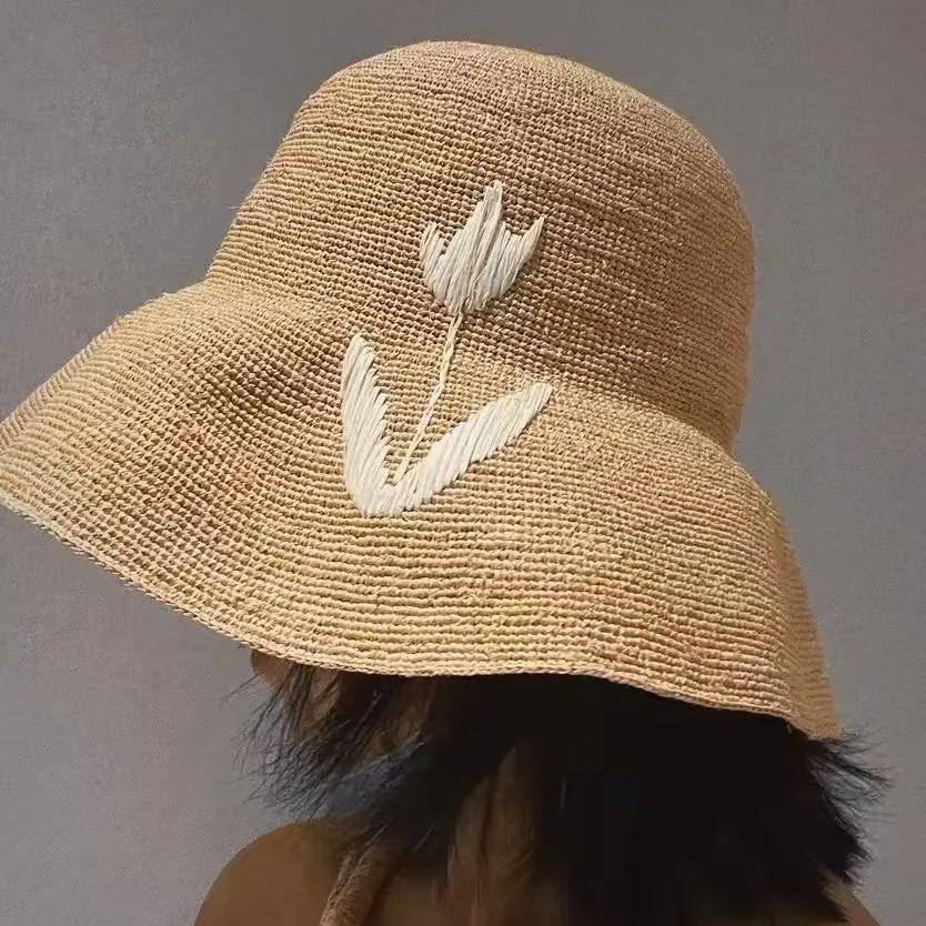 Raffia Handgewebter Faltbarer Breiter Rand Sonnenhut Damen Sommerurlaub Sonnenschutz Strandhut Dame Französischer Hepburn-Stil Eimerhut 56-58cm brown