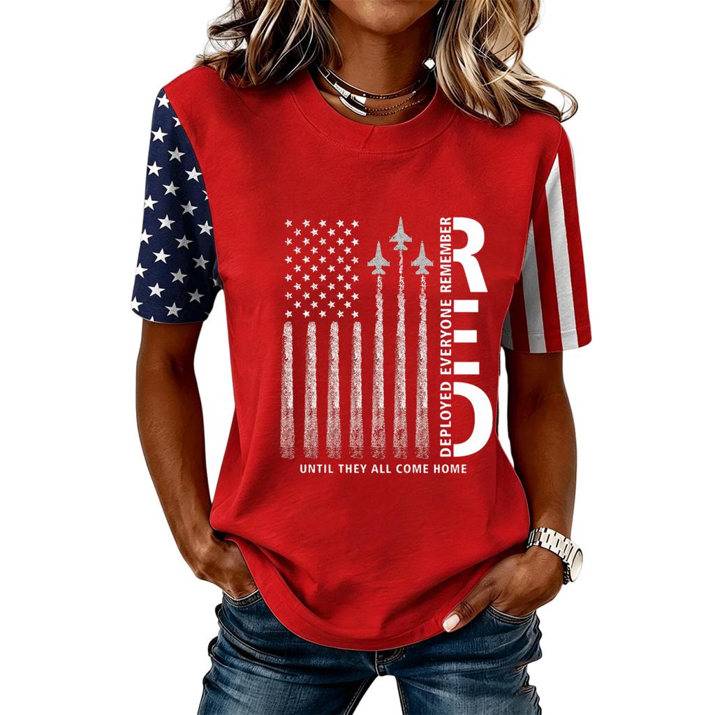 Women Casual Short Sleeve T Shirt Crew Neck Letter Print Top Stars and Stripes Sleeve Design Comfortable Fit