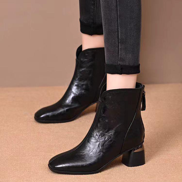 

French Women’s Chunky Heel Ankle Boots - 2025 Autumn/Winter Fashion, Comfortable Square Toe Plus Velvet Cotton 39
