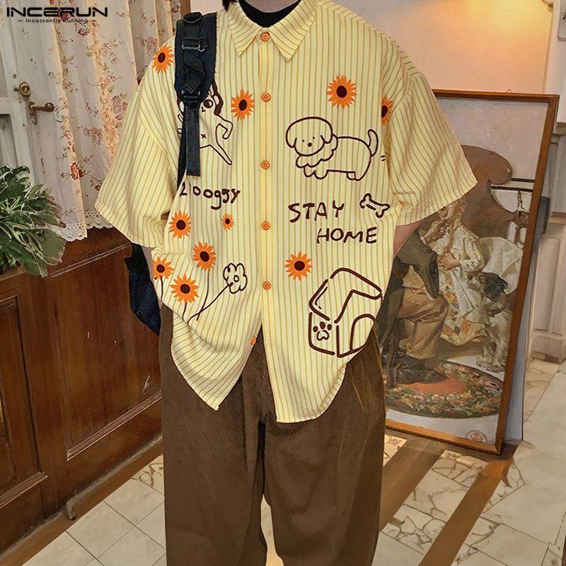 INCERUN Oversized Men Lapel Neck Short Sleeve Cartoon Print Casual Loose Shirts
