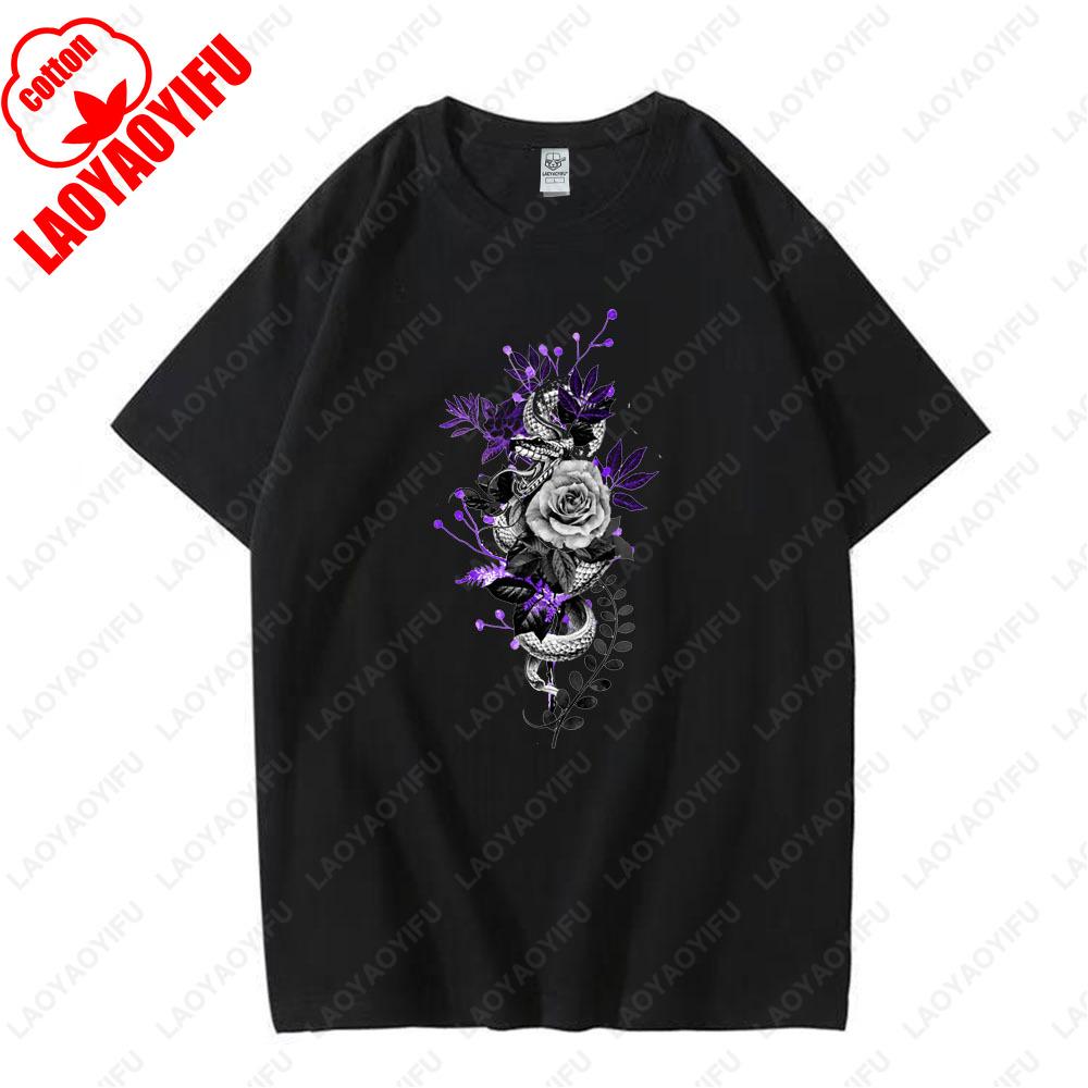 Gotische Schlange und Blumen T-Shirt Künstlerischer Retro Gothic Stil Florale Ästhetik Grafik T-Shirts Herren Damen Baumwolle Klassisches Tee