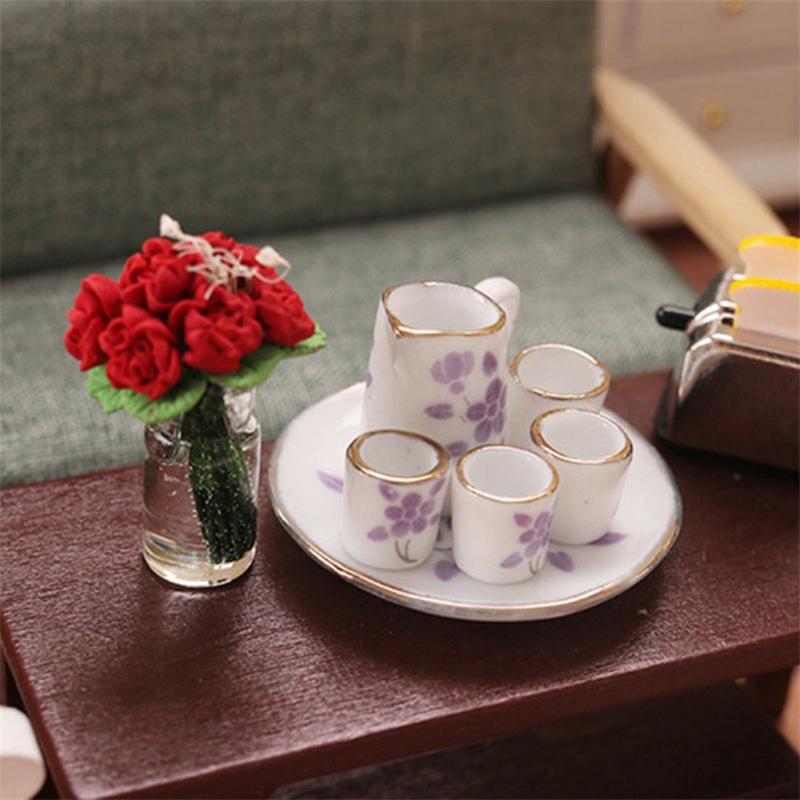 1Conjunto 1:12 Casa de bonecas Conjunto de chá em miniatura Canecas de chá de porcelana Jarras com bandeja Decoração para casa