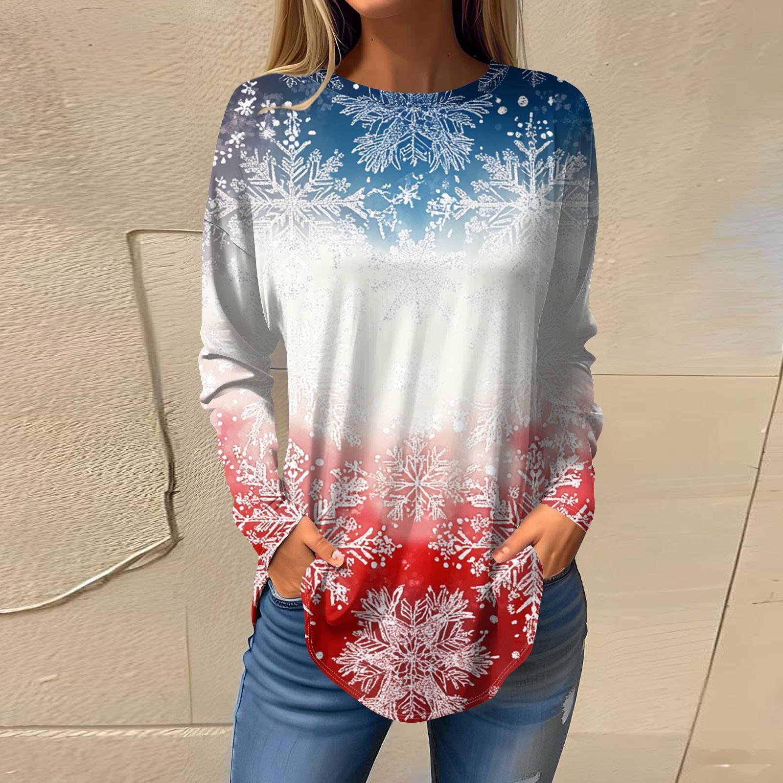 

Женская модная свободная футболка с круглым вырезом и рождественским принтом, длинный рукав S белый