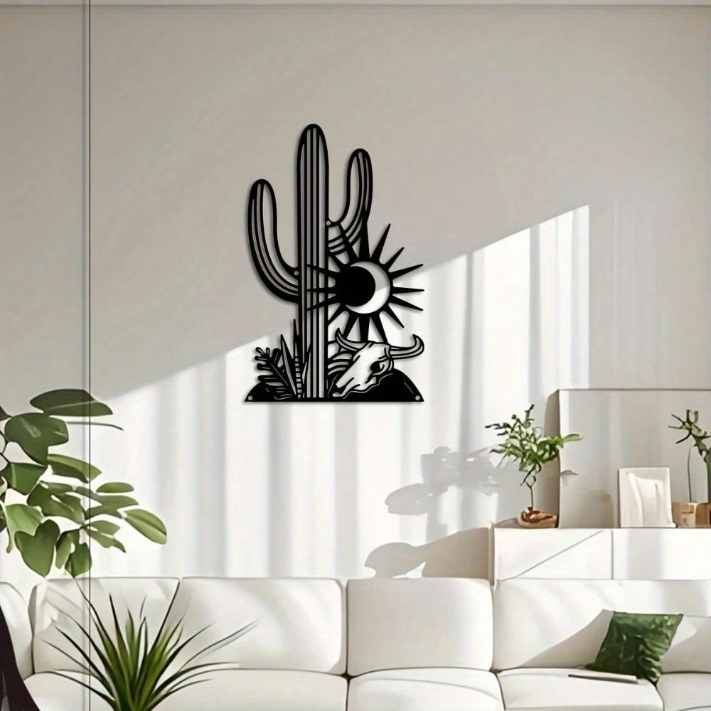 Metal Cactus Wall Art Sun Bull Design Elegant Black Iron Decor Living Room Balcony Gift