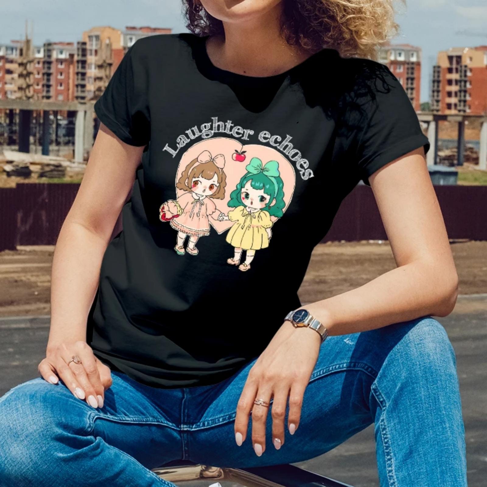 

Cartoon girl themed Print for Summer Fun filled Gatherings Short Sleeve T Shirt for Women with a Joyful Style S