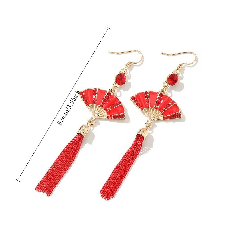 Red Folding Fan Earrings Chinese Style Tassel Ear Hooks Women New Year Party Good Luck Metal Jewelry Gifts Luxury-Style Earrings
