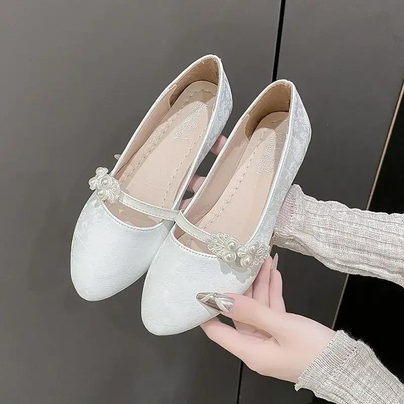 Shoes for Women White One-line Buckle Low Heel Elegant Woman Flats Mary Jane Cheap Clearance Lastest Price Casual On Offer Y2k