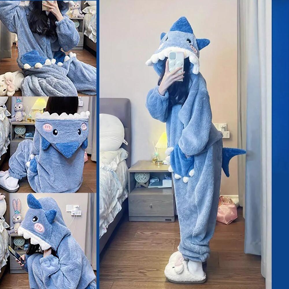 Kigurumi Roztomilý Žralok S Kapucí Korálový Fleece Pyžamo Dámské Noční Prádlo Párty Halloween Karneval