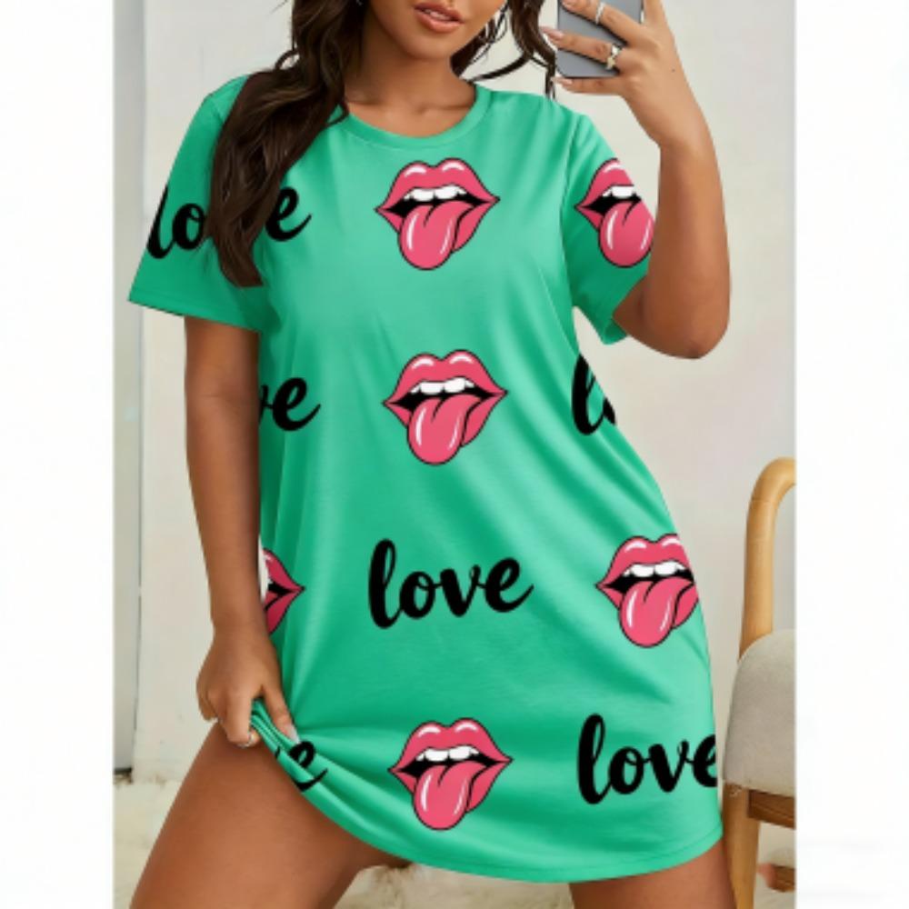 Sexy Lips Print For Women Short Sleeve Sleepwear Dresses Loose Casual Fit Tee Nightwear Home Clothes Nightie Loungewear Dresses