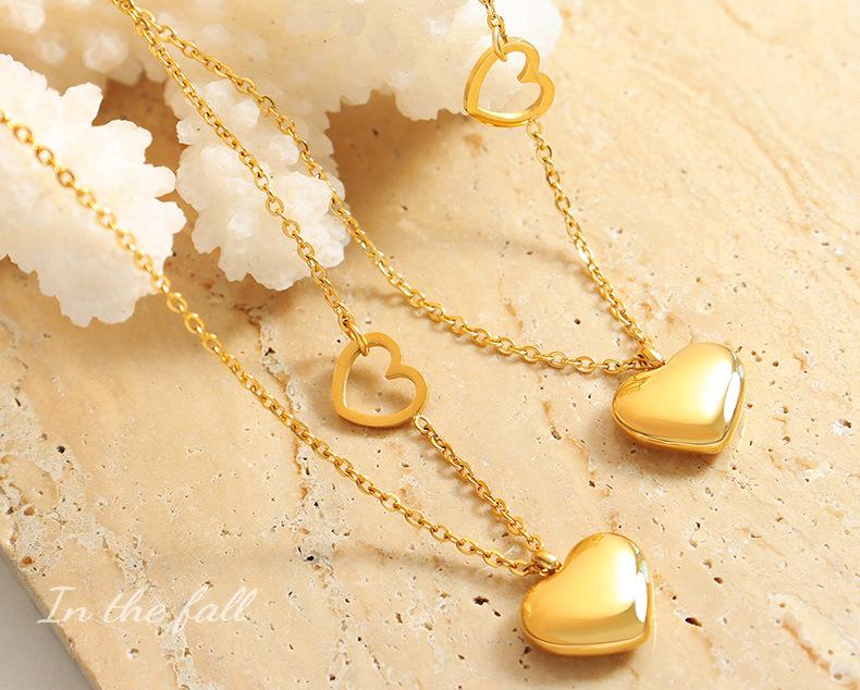 Blogger's Double Peach Heart Necklace: 18K Gold-Plated Titanium Steel Clavicle Chain P221
