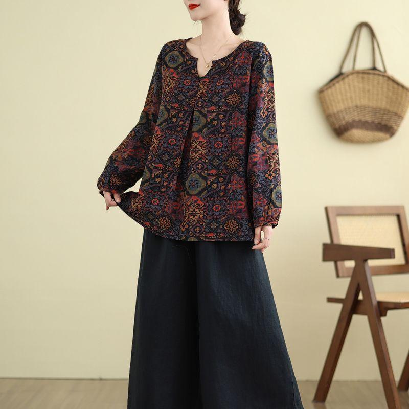 Retro Floral Print Cotton Linen Long Sleeve Loose Maternity Shirt Women's Plus Size Casual Fashion V-Neck Soft Satin Material