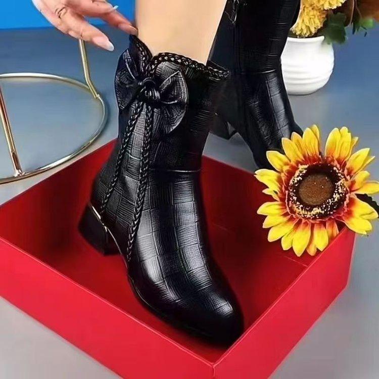 Soft leather short boots winter new velvet warm medium boots thick heel soft sole pointed fashion boots