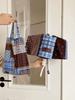 Maillard Blue-Brown Plaid Hook Umbrella for Women, Dual-Use for Sun and Rain, Student Foldable Portable Sun Umbrella, Sun Protection Parasol