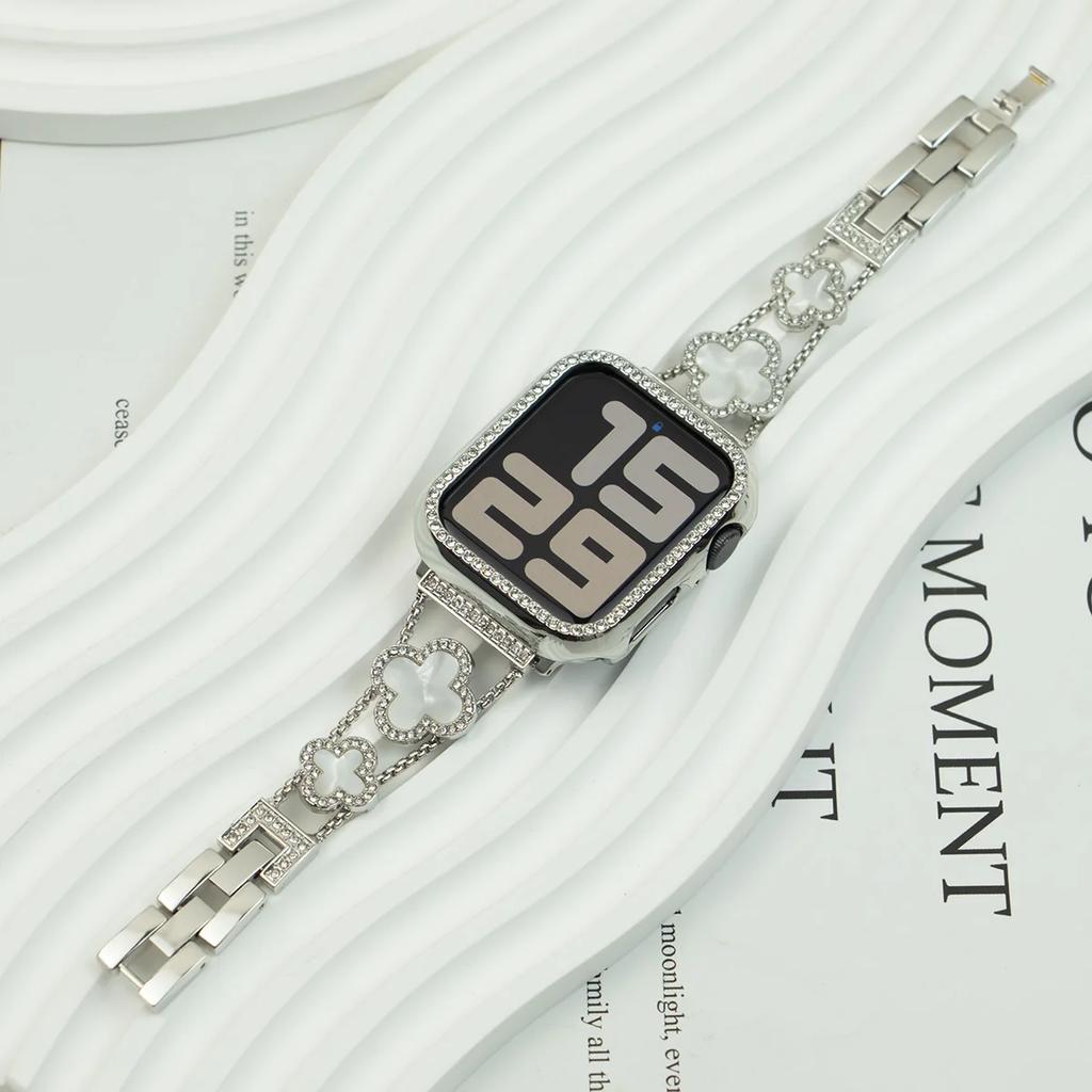 Armband Metallband + Gehäuse Damen Diamantarmband Vierblättriges Kleeblatt für Apple Watch Band Ultra2 49 44 45 42 40 38mm Serie 9 8 7 SE 6 5 4 3
