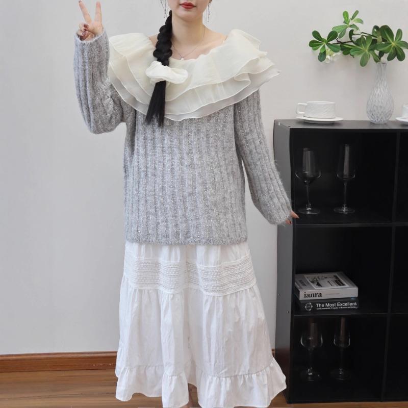 Autumn and winter new models with headrope one-word shoulder ruffle edge knitted sweater top sequined gentle wind sweater pullover woman