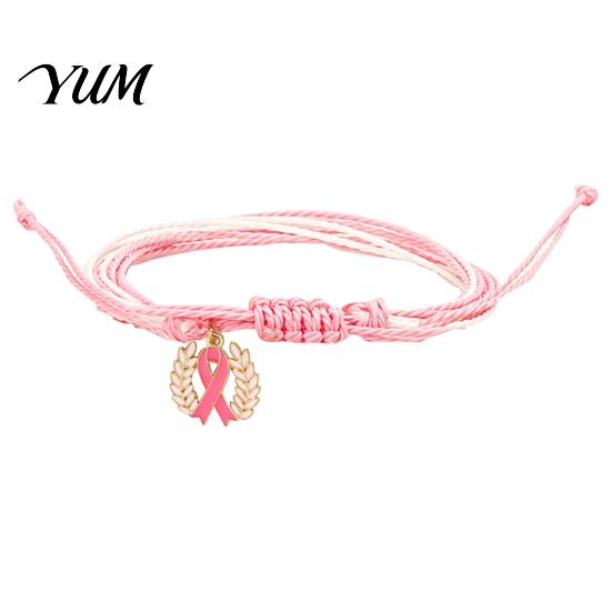 Breast Cancer Awareness Gifts Bracelet for Women, Adjustable Woven String with Handwoven Rope Wristband Ribbon Charm, Handmade Braided Survivor