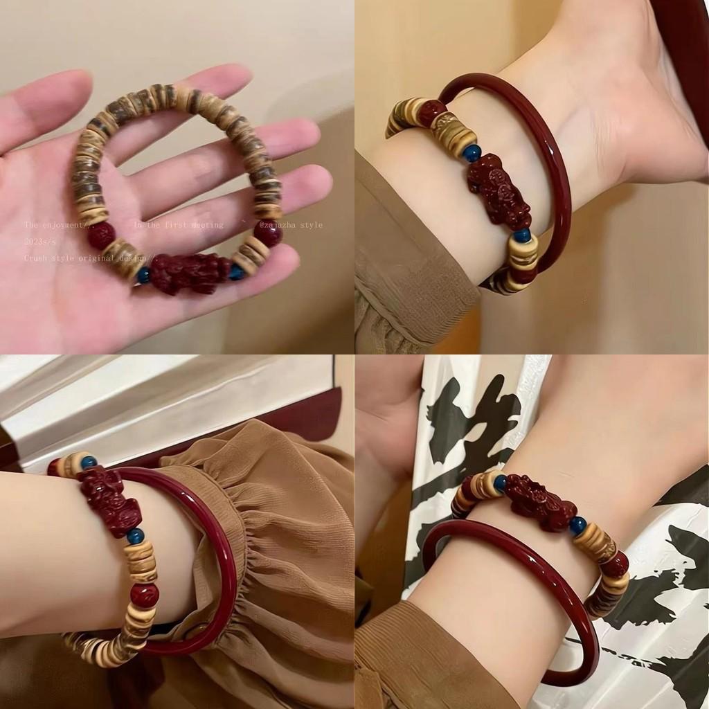 Elegantes rotes Glasarmband Kokosnussschale Pixiu-Perlen Handgefertigt Neuer chinesischer Stil