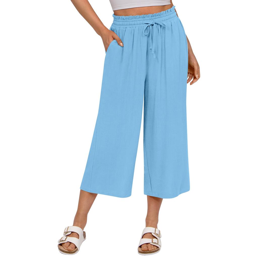 Women's Square Pocket Elastic Waist Cropped Pants Casual Cotton And Linen Pants