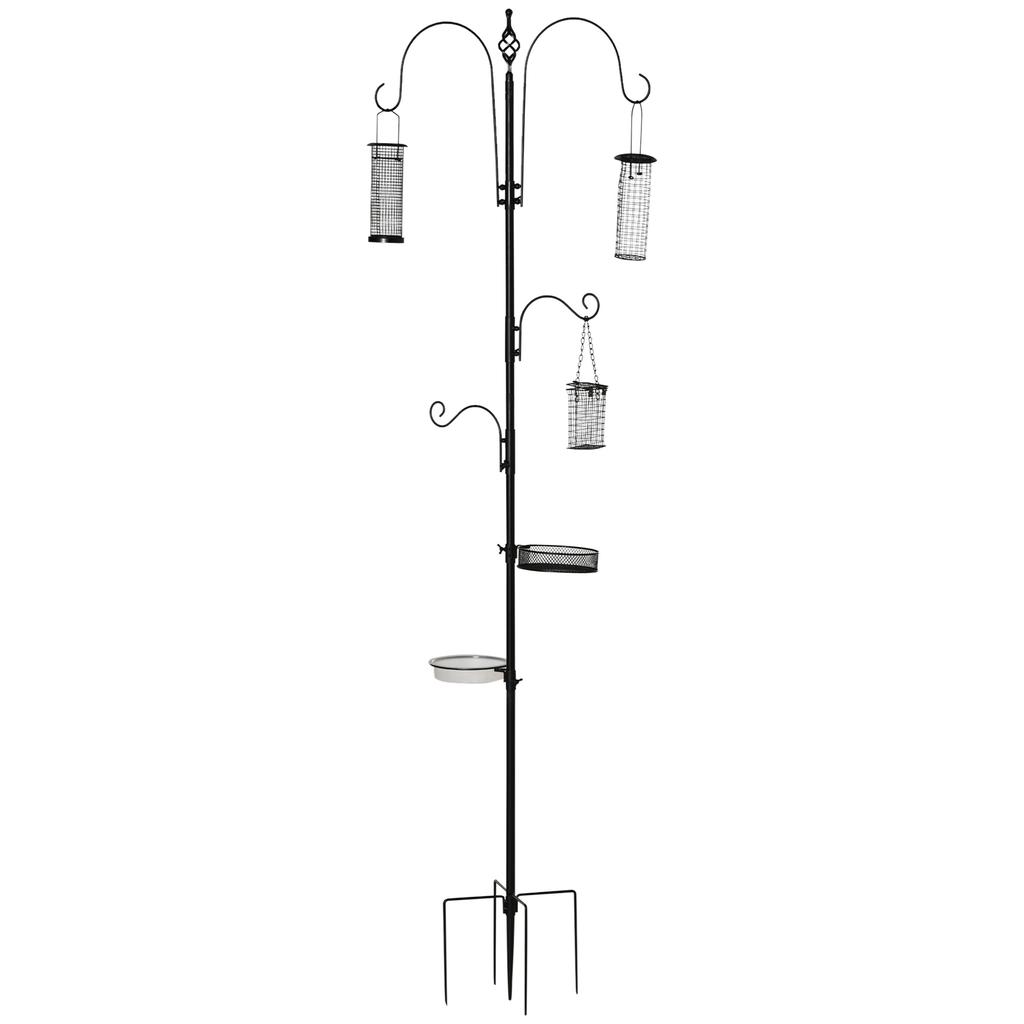 Steel bird feeder station, freestanding bird feeder 208H cm with 4 hooks, black